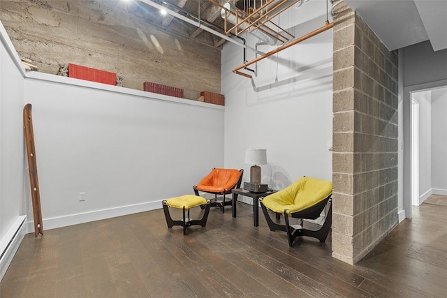 sitting room with dark wood-type flooring and a baseboard radiator