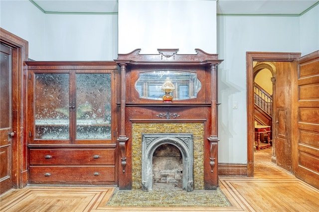 details with parquet floors and crown molding