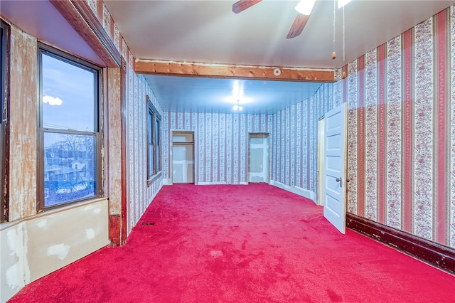 spare room featuring ceiling fan, beamed ceiling, and carpet floors