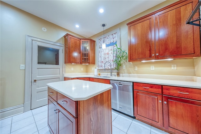 kitchen with sink, light tile patterned floors, dishwasher, a kitchen island, and hanging light fixtures