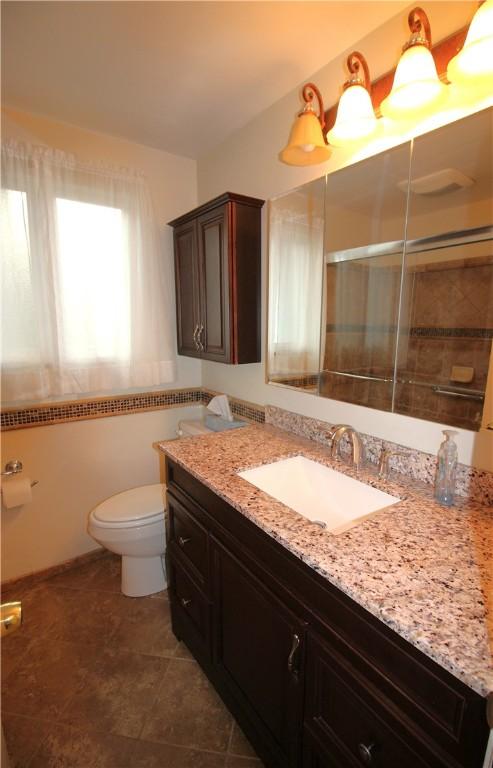 bathroom with vanity, toilet, and a shower with door