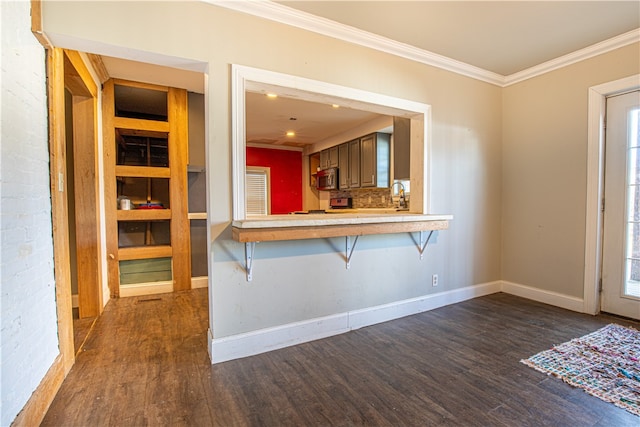 interior space featuring dark hardwood / wood-style floors, sink, ornamental molding, and backsplash