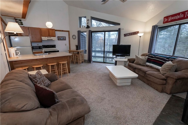 living room with light carpet, sink, and lofted ceiling