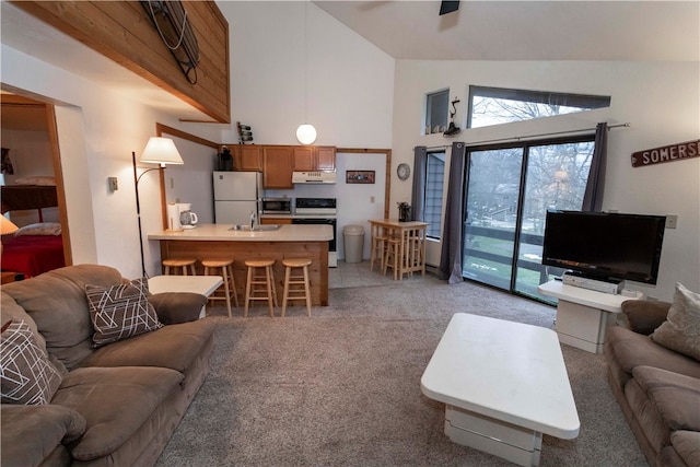 living room featuring light colored carpet, high vaulted ceiling, and sink