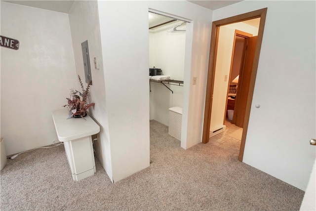 hall with electric panel, light colored carpet, and a baseboard radiator