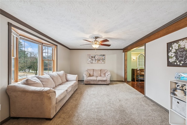 living room featuring ceiling fan, crown molding, carpet floors, and a textured ceiling