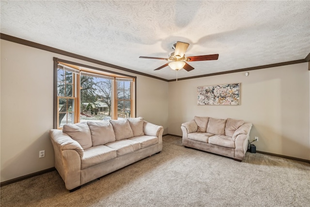 carpeted living room featuring ceiling fan, crown molding, and a textured ceiling