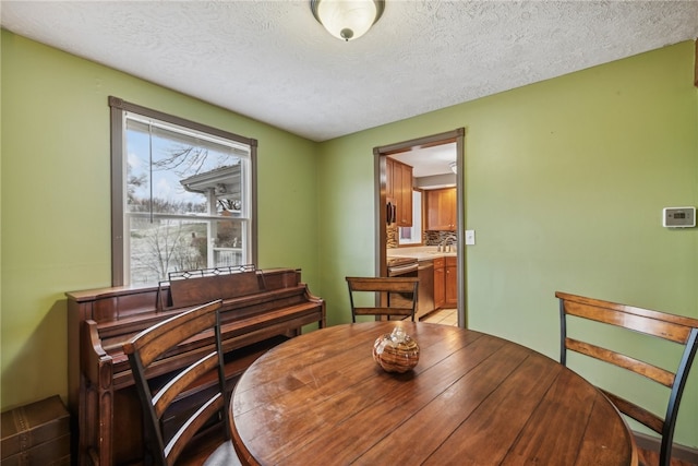 dining room with a textured ceiling