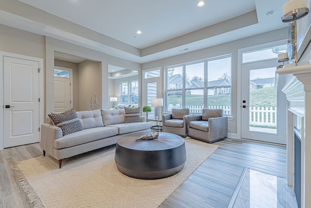 living room with light hardwood / wood-style floors, a raised ceiling, and plenty of natural light