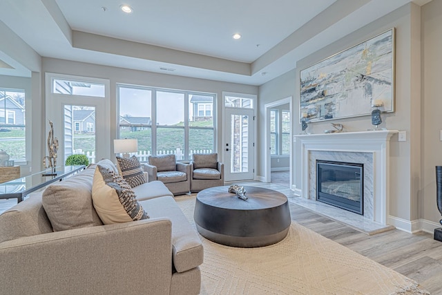 living room featuring a high end fireplace, light hardwood / wood-style floors, and a raised ceiling