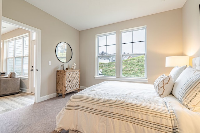 carpeted bedroom featuring multiple windows