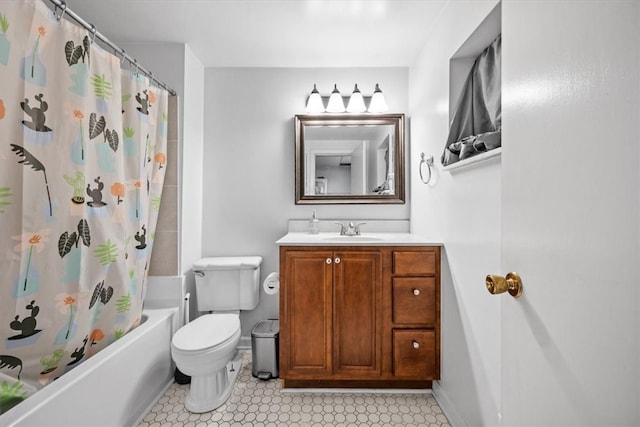 full bathroom with shower / bath combo, vanity, and toilet