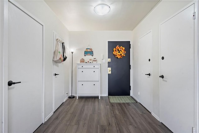 interior space with dark wood-type flooring