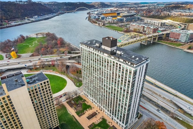 bird's eye view with a water view