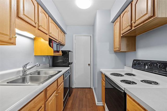 kitchen with black appliances, light brown cabinets, dark hardwood / wood-style flooring, and sink