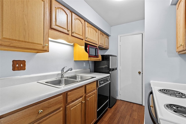 kitchen featuring black appliances, dark wood-type flooring, and sink