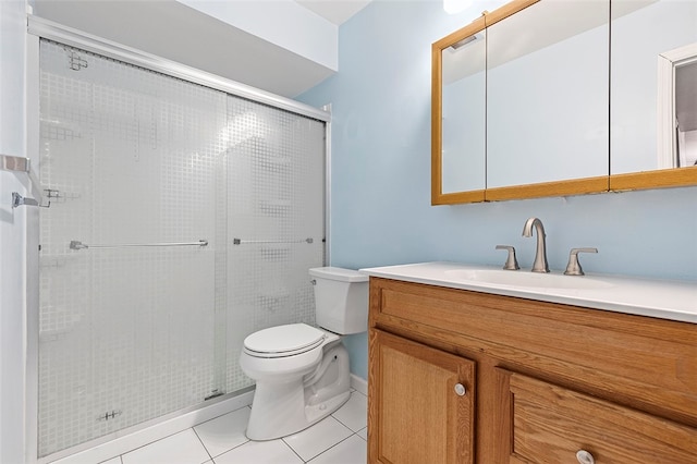 bathroom with tile patterned flooring, vanity, toilet, and walk in shower