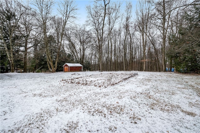 yard covered in snow with an outbuilding