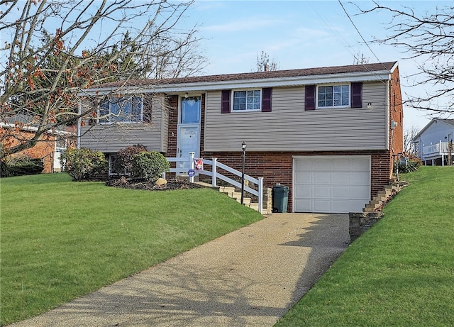 split foyer home featuring a front yard and a garage