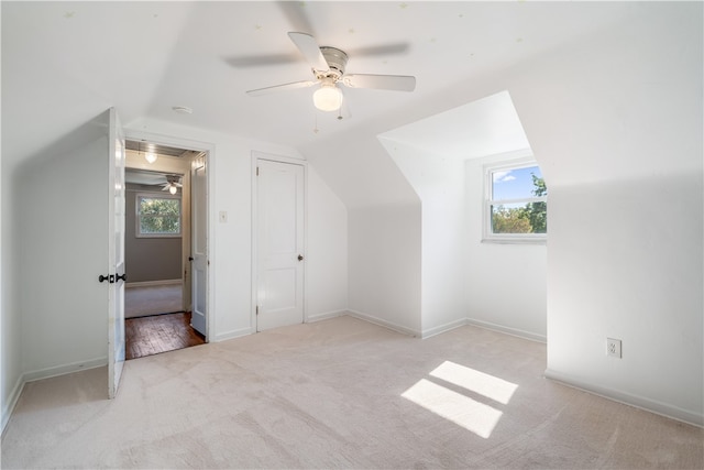 additional living space with light carpet, a wealth of natural light, and vaulted ceiling