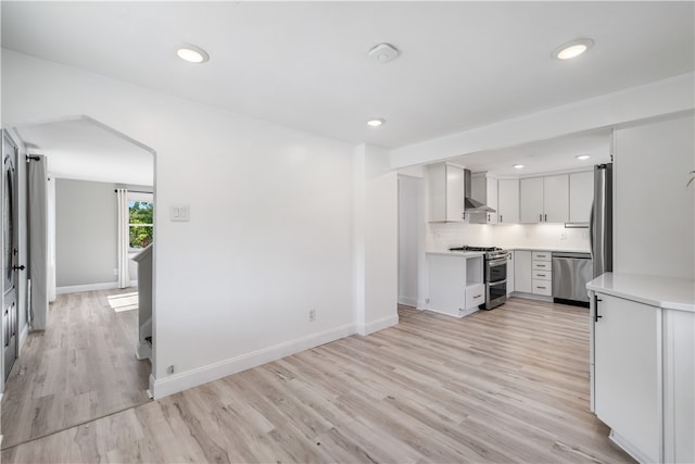 kitchen featuring decorative backsplash, light hardwood / wood-style floors, white cabinetry, and stainless steel appliances