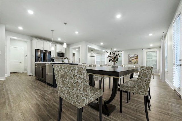 dining space featuring dark wood-type flooring and sink