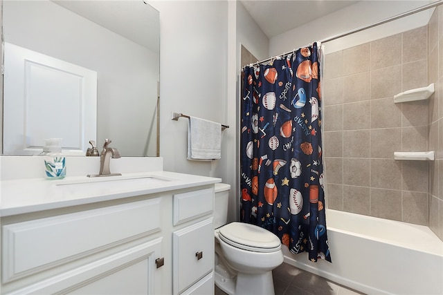 full bathroom with tile patterned flooring, shower / bath combination with curtain, vanity, and toilet