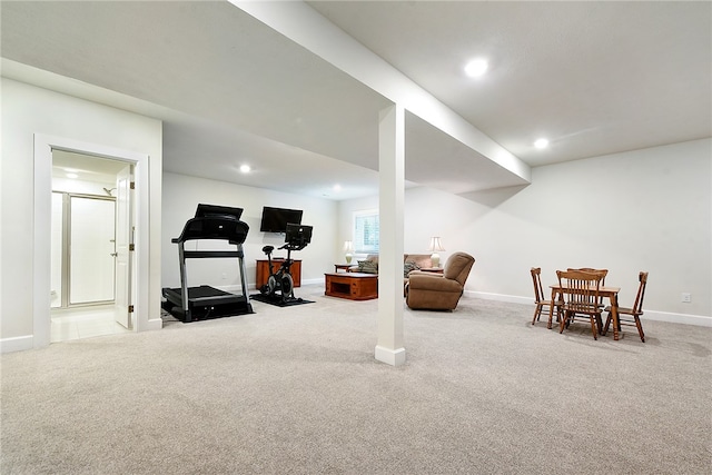 workout room with carpet flooring