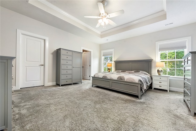 bedroom featuring a tray ceiling, multiple windows, ceiling fan, and carpet flooring