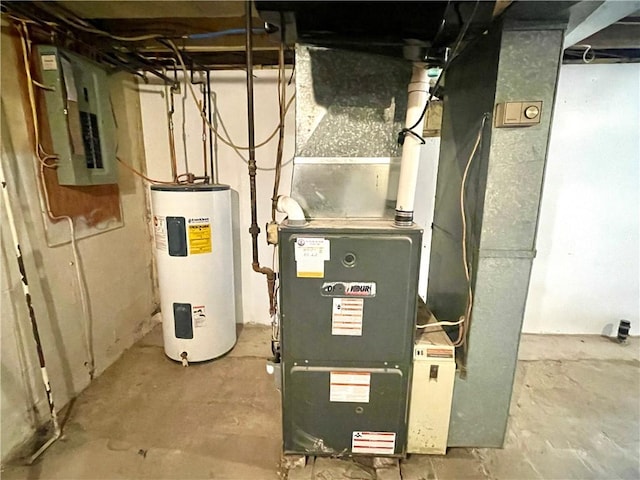 utility room with electric panel and water heater