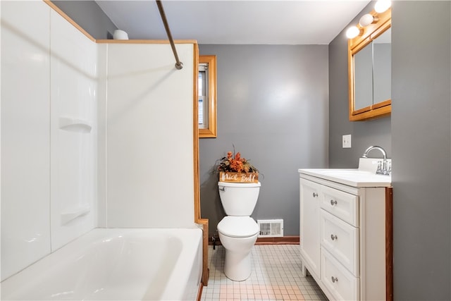 full bathroom featuring bathing tub / shower combination, tile patterned flooring, vanity, and toilet