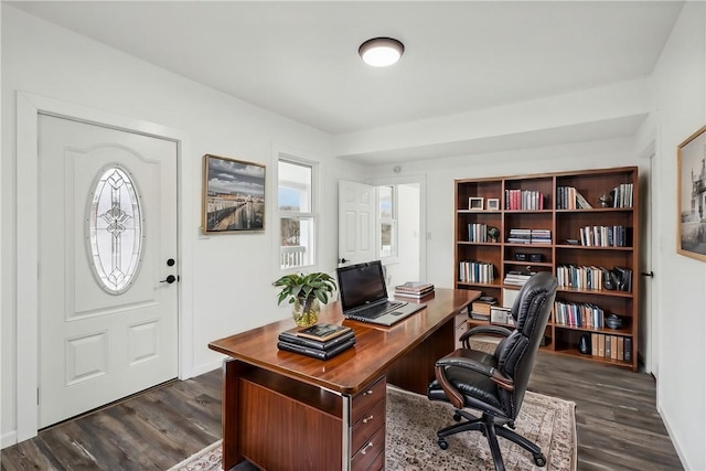 office with dark wood-type flooring