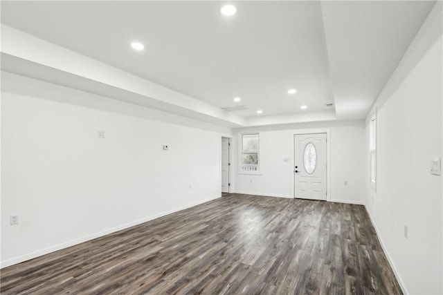 foyer featuring a raised ceiling and dark wood-type flooring