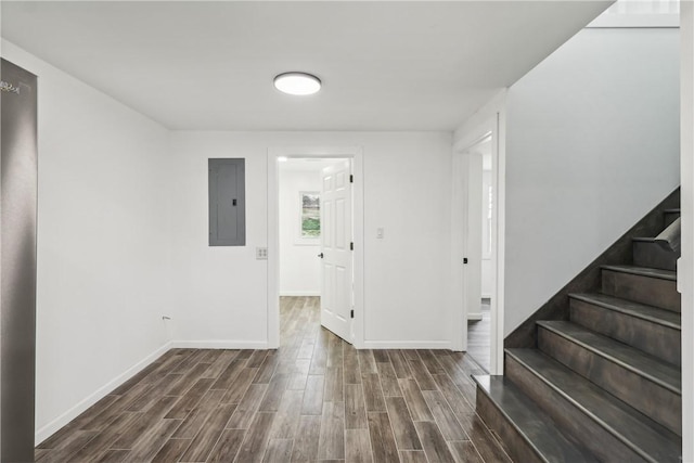 foyer entrance with electric panel and dark hardwood / wood-style flooring