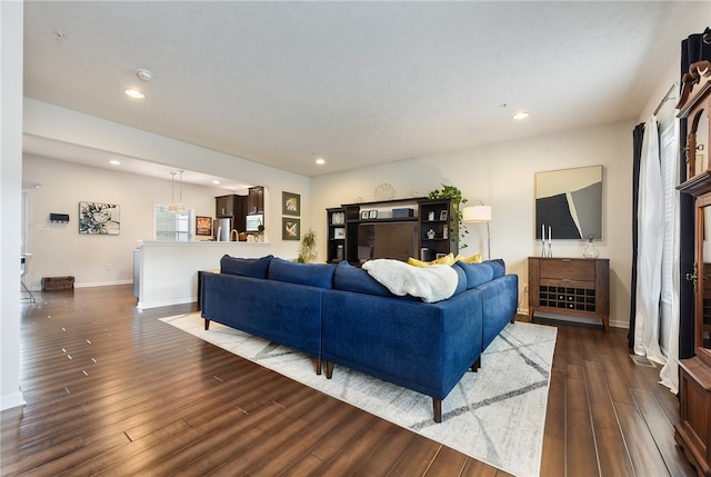 living room featuring dark wood-type flooring