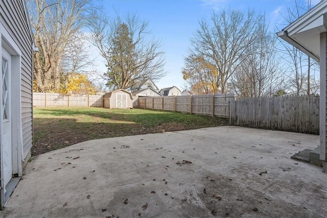 view of yard with a patio and a storage unit