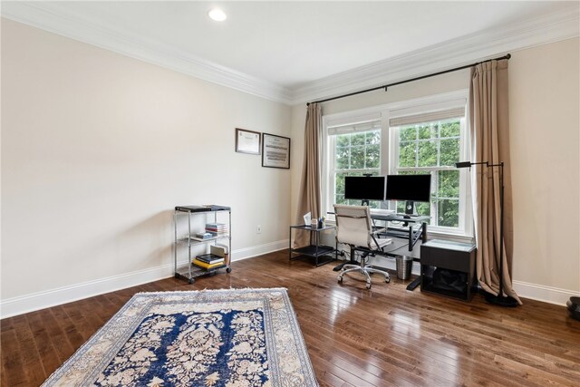 office featuring dark wood-type flooring and ornamental molding