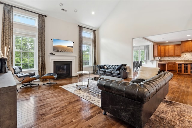 living room featuring high vaulted ceiling and a wealth of natural light