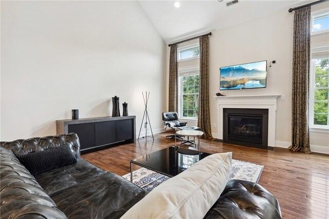 living room with hardwood / wood-style floors, a healthy amount of sunlight, and high vaulted ceiling