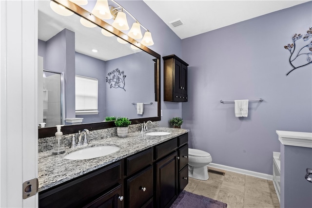 full bathroom featuring vanity, toilet, and independent shower and bath