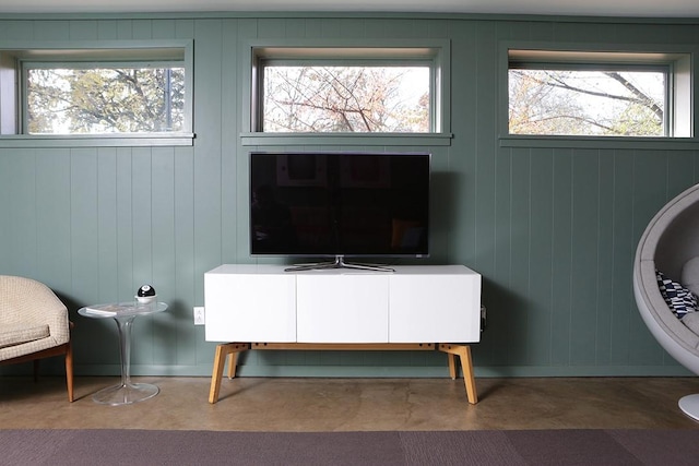 living area featuring wood walls