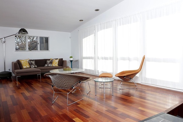 living room with dark hardwood / wood-style flooring, a wealth of natural light, and vaulted ceiling