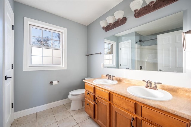 bathroom featuring tile patterned flooring, a shower, vanity, and toilet