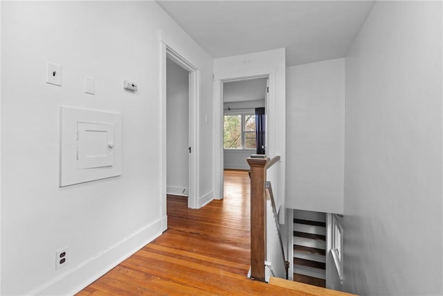 corridor featuring hardwood / wood-style flooring and electric panel