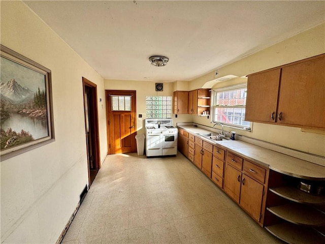 kitchen featuring sink and white range