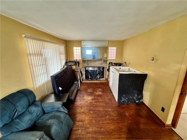 living room featuring dark wood-type flooring