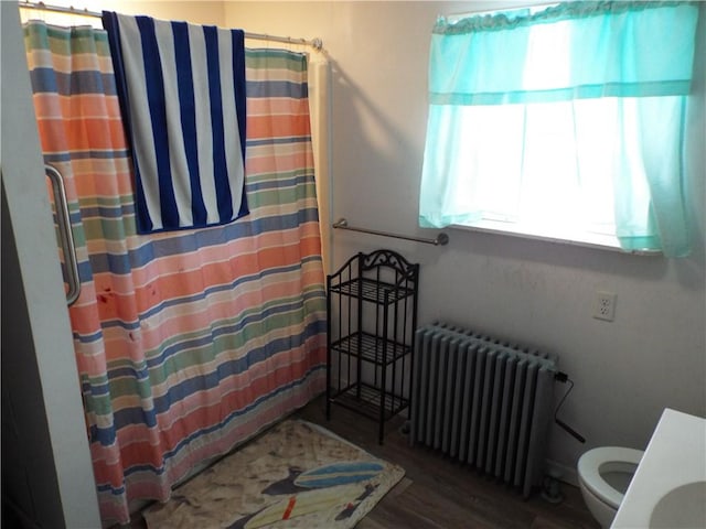 bathroom with radiator, toilet, a healthy amount of sunlight, and wood-type flooring