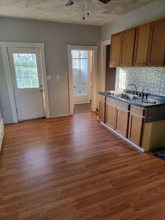 kitchen with tasteful backsplash, a wealth of natural light, sink, and dark wood-type flooring