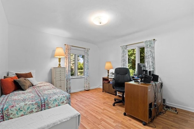 bedroom with multiple windows and light wood-type flooring