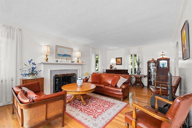 living room with crown molding and light wood-type flooring